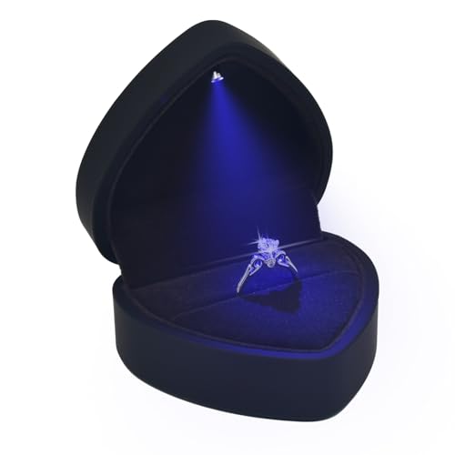 Caixa de anel de noivado de luxo iluminada por LED – Estojo preto elegante em forma de coração para anéis de casamento, perfeito para proposta, aniversário, cerimônia e presente