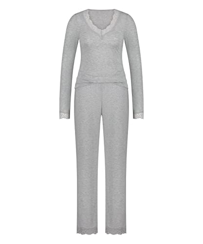 HUNKEMÖLLER Langärmeliges Pyjama-Set mit Spitze - Light Grey Melee - M