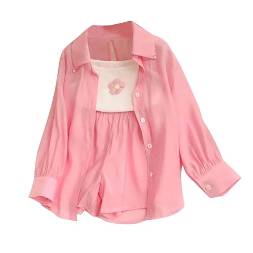 Girls Summer Clothes Ice Silk Long Sleeve Button Down Shirt + Cute Cami Top + Shorts 3 Pieces Outfits for 4-17 Years