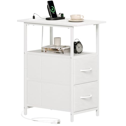 Image of Somdot End Table with Charging Station, Narrow Side Table with 2 Fabric Drawers, Skinny Nightstand with Storage, Small Slim Bedside Table for Living Room, Sofa, Bedroom, Couch, White Leather