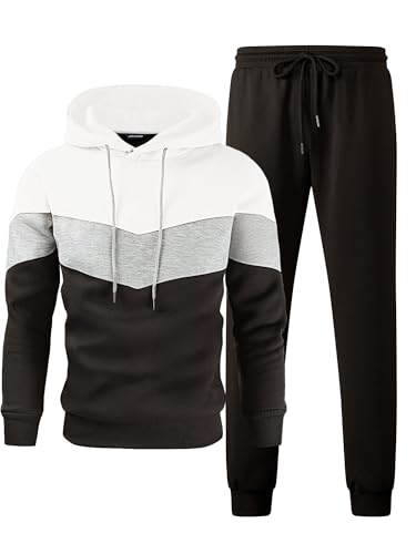 JMIERR Trainingsanzug Herren 2 Teiliges Jogging Anzug Set mit Taschen Farbblock Hoodies mit Hose Männer Baggy Sportanzug Basic Freizeitanzug Weiß L