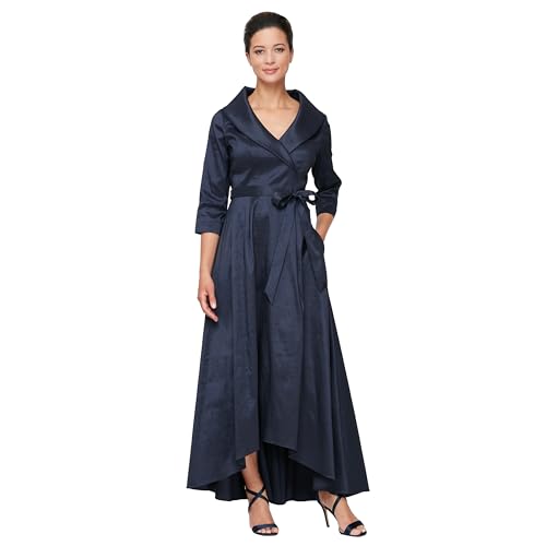 Image of Alex Evenings Women's Portrait Collar Dress with Full Skirt, Pockets, and Tie Belt