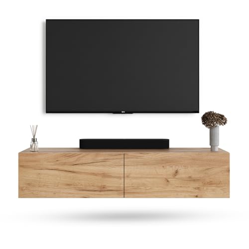 Planetmöbel West TV-Schrank, Fernsehtisch 140 cm lang, TV-Board hängend oder stehend, Fernsehschrank für Wohnzimmer, TV Möbel 37,8 x 140 x 30 cm, Gold Eiche