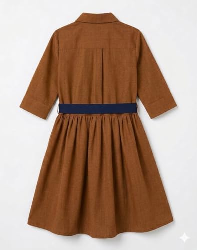 Image of A.T.U.N. (ALL THINGS UBER NICE) Girls 100% Cotton Shirt Dress with Belt | Solid Button-Down Dress with Collar Neck | Soft Breathable Kids Outfit for Girls