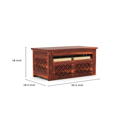 Image of Sheesham Wooden Coffee Table with 2 Stool for Home, Office | Solid Wood Center Table for Living Room, Meeting Room Center Tea Table with Seating Stool, Modern Carved- in Honey Finish