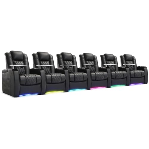 Image of Weilianda Home Theater Seating, Top Grain Leather Movie Theater Chair | Black Row of 6, Zero Gravity, Power Headrest, Tray Table, Electric Reclining Seat for Media Room