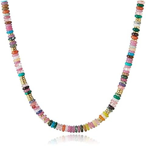 KissYan Boho Beaded Choker Necklace for Women, Gemstone Necklace Natural Stone Freshwater Pearl Surfer Necklace 14K Gold Plated Summer Beach Handmade Jewelry(05) Cover