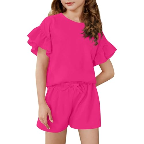 VBGHZXJL Girls Summer Outfit Ruffle Sleeve Top And Elastic Waist Shorts Clothing Set Lightweight Casual Two Piece Girls Fashion (Hot Pink,8-9 Years)
