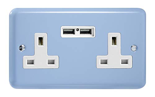 Varilight 2-Gang 13A Unswitched Socket + 2x5V DC 2100mA USB Charging Ports Duck Egg Blue