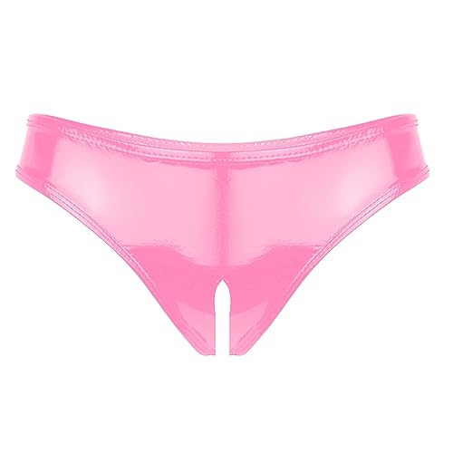 Aislor Culotte Femme Wetlook String Tanga Faux Cuir Ouvert Entrejambe Culotte Thong Bikini Lingerie Coquine sous-Vêtement Nuit Underwear Rose M