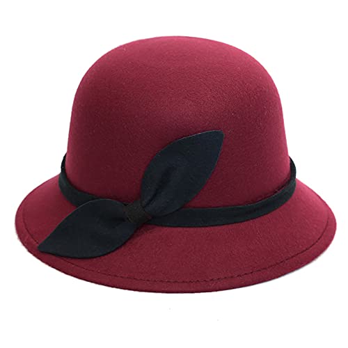 IQYU Fedora Sombrero para mujer de fieltro: sombrero de paja con lazo, moño, elegante sombrero de lana, banquete de fieltro, sombrero Fedora, invierno con lazo, transpirable, para exterior,