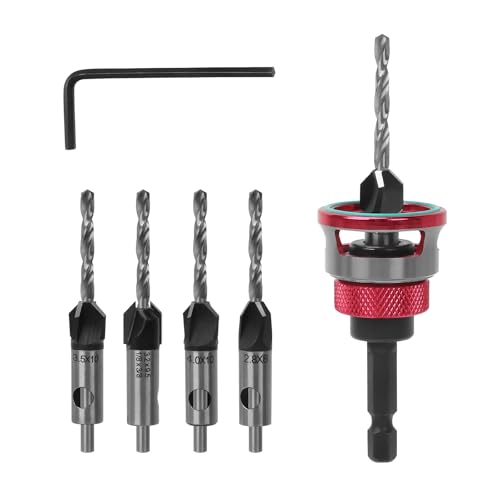 皿取り錐ドリル ビット 埋木錐 4本セット 下穴・皿取錐 レンチ付き 六角軸 高速度鋼製 木工用ドリルビット 穴あけトリマー 面取りカッター バリ取り セット 木/竹/硬質ゴムなどの穴開け Countersink Drill Bit Set (レッド)