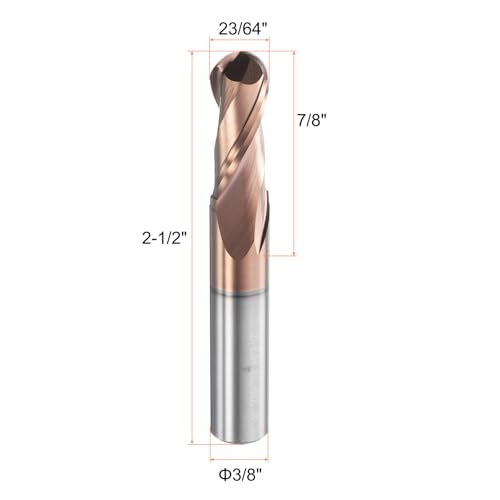 Image of HARFINGTON Ball Nose End Mill 2 Flute 23 /64 inch Diameter 3 /8 inch Shank Tungsten Carbide TIN Coated Spiral CNC Router Bits 7 /8 inch Cutting Length Single End Ball for Carving Engraving Grinding
