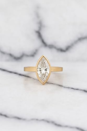 Marquise Moissanite Engagement Ring Wide Thick Band Solitaire in 10k 14k 18k Solid Gold Bold Modern Bridal Wedding Ring for Women2