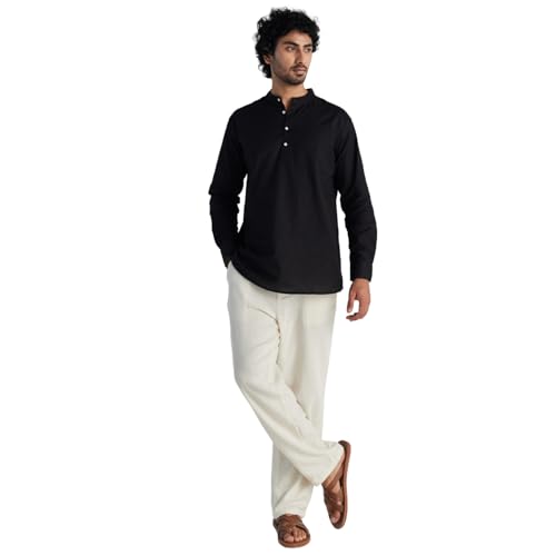 Image of SAADAA Men's Short Kurta - Linen Cotton Blend, Airy Fabric, Regular Fit, Mandarin Collar, Solid Color - Casual, Festive & Ethnic Wear