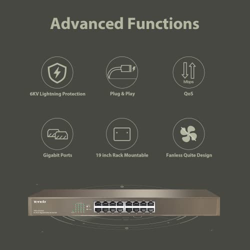 Image of Tenda TEG1016G, 16 Port Gigabit Switch, Unmanaged Rackmount Ethernet Switch with Traffic Optimization, Plug & Play, Fanless Quiet & Metal Design Network Switch, Limited Lifetime Protection