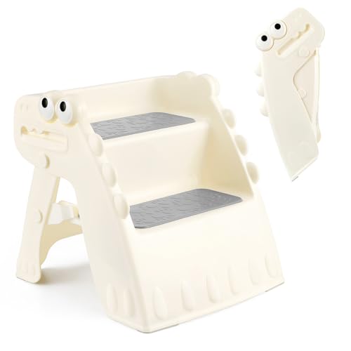 Onasti Toddler Step Stool Foldable Kids Step Stool,Bathroom Stool for Toddlers Non-Slip Toddler Step Stool for Bathroom Sink and Kitchen Counter with Cute Dinosaur Design(White)