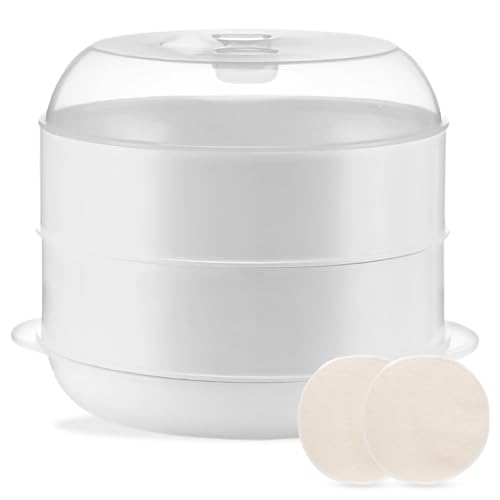 Vaporera microondas con 2 compartimentos para cocinar: PRITOK 21,5 x 21,5 x 16 cm, vaporizador para microondas con colador, 4 L, color blanco