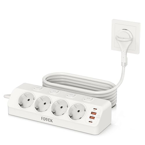 FDTEK Prise d'angle avec Interrupteur, PD 20W Multiprise avec Fiche Plate 4 Prises avec 2 USB C+2 USB A, Prise de Table Protection Contre Les Surtensions avec Rallonge...