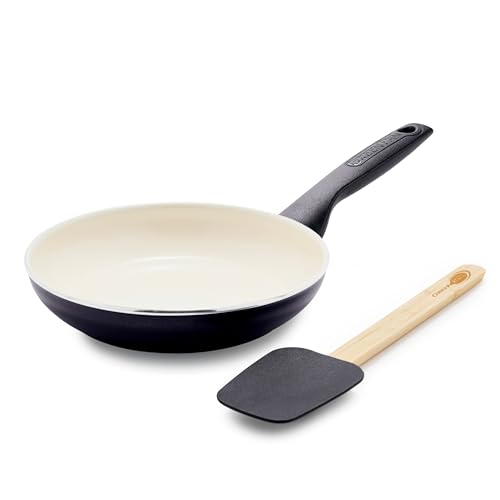 Image of GreenPan Rio Healthy Ceramic Nonstick 8 inch Frying Pan Skillet and Silicone Spatula Set, Soft Grip Handle, Breaktfast Meal Set, PFAS-Free, Dishwasher Safe, Oven Safe, Black