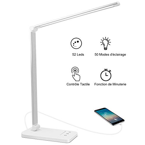 AUELEK Lampe de Bureau LED, 52 LED Lampe de Chevet Tactile Flexible 5 modes de couleur 10 Niveaux d'intensité Réglable, 2000mAh USB rechargeables avec minuterie LED Lampes de table(Argent)