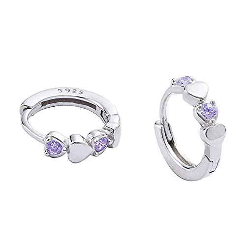 Double Love Heart Cubic Zirconia Small Hoop Earrings for Women Teen Girls 925 Sterling Silver Tiny Cute Huggie Hoops Cartilage Birthstone Jewelry Gifts for Her Amethyst