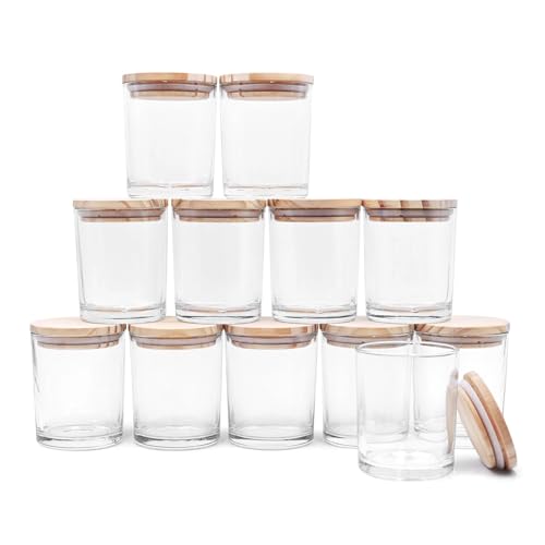 SHOWIN Thick Candle Jars for Making Candles 12 Pcs, 7 OZ Empty Jars with Wood Lids for Candle Making, Sample Container, Clear