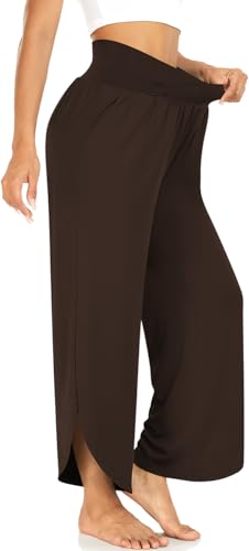 Image of TARSE Women's Wide Leg Yoga Pants Cross High Waist Flowy Split with Pockets | Comfy Lightweight Stretch, Flare Hem Cropped, Loose Dance Pants, Travel & Lounge, Everyday Casual Wear