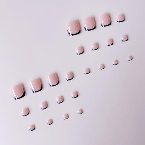 Image of 48 Pcs Black Press on Nails Medium & Press on Toenails Set Square Glue on Nail French Tip Fake Nails Artificial Acrylic Full Cover Stick on Toe Nails Glossy False Nail for Women Summer Manicure