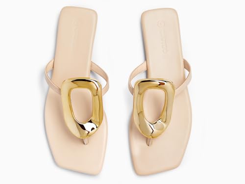 Image of Coutgo Womens Flat Sandals Comfortable Flip Flops Slide Sandals Summer Beach Shoes with Metal Decoration