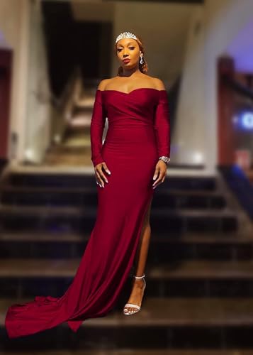 Image of Off Shoulder High Split Long Formal Party Maxi Dresses Evening Gown, Sexy Off Shoulder V Neck High Split Maxi Elegant Party Evening Dress (Dark Red 2XL)