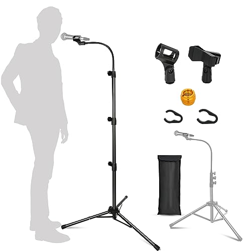 Mic Stand, Boom Microphone Stands Tripod Gooseneck Microphone Stand Height Adjustable from 24 to 67 with 2 Mic Clips for Singing Stage Performance Party Mic Mount