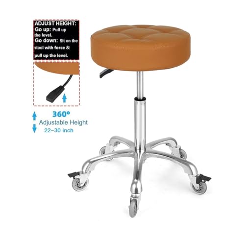 Image of Adjustable Heavy Duty Stool - Rolling Stools with Locking Caster Wheels - Swivel Stools Backless Chair for Home Kitchen Office Shop Tattoo Lash Tech Pedicure (Camel, Height 22 to 30 in)