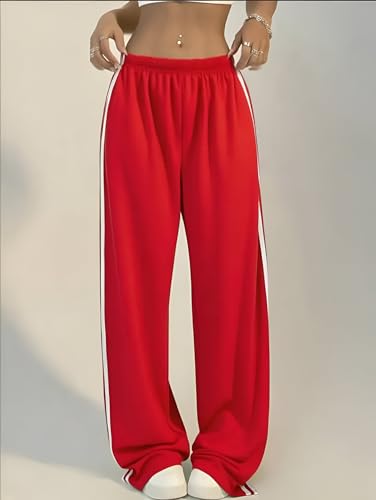 Image of THIRD QUADRANT Women's Wide Leg Track Pants for Women | Black with White Side Stripes | Drawstring Waist (in, Alpha, L)