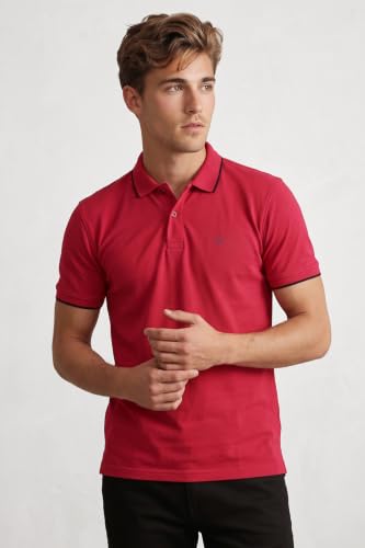 Image of Peter England Men's Snug Fit Solid Polo T-Shirt with Coloured Collar Tipping| Cotton Rich| Premium Pique Weave