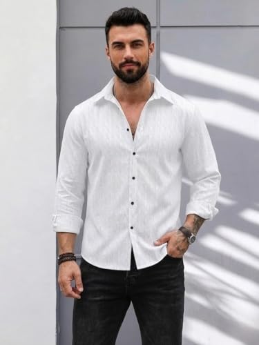 Image of DEELMO Men's Regular Fit Button Down Dress Shirts Textured Long Sleeve Casual Hawaiian Shirt