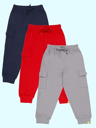 Image of KiddoPanti Boys Cotton Joggers | 100% Cotton Single Jersey | 2 Side Cargo Pockets with Flap | Elasticated Waist Band with Functional Drawcord | Soft & Breathable Track Pants