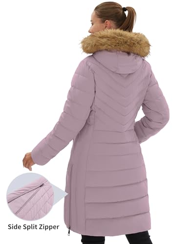Pioneer Camp Wintermantel Damen Lang Warm Steppmantel Wasserdicht Winterjacke Mantel Damen Winter mit Abnehmbarer Kunstpelzkragen Gräulich Violett L