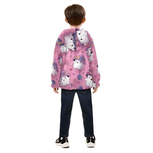 Cute Ghosts with Witch Hats Toddler Fleece Jacket Girl Boys Hooded Fleece Jacket Coat Warm Outwear Zip-up 3-10T4
