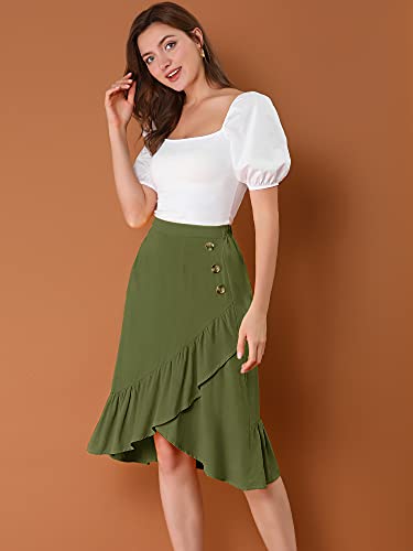 Allegra K Women's 2023 High Waisted Button Decor Asymmetrical Ruffle Hem Skirt4