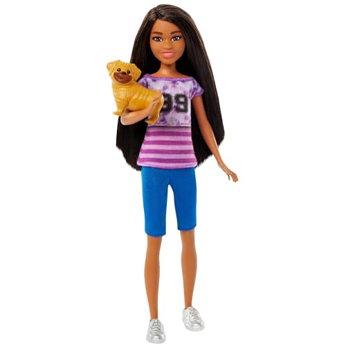 Barbie Muñeca Morena Ligaya con Pantalones Vaqueros, Camiseta Morada y Perro Mascota, de la película Stacie al Rescate, Juguete +3 años (HRM06)