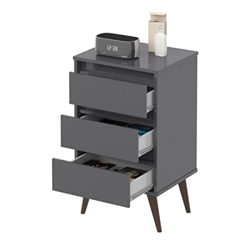 Mesa De Cabeceira Retro Wood Cinza 3 Gavetas Quarto Pés Anti Umidade