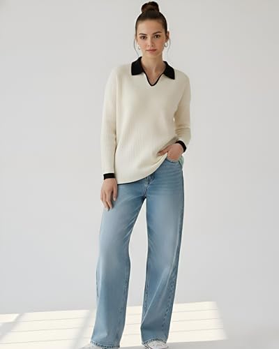 Image of Women's Slim-Fit V-Neck Top with Contrast Collar - High Elasticity Versatile Outfits, Everyday Fashion