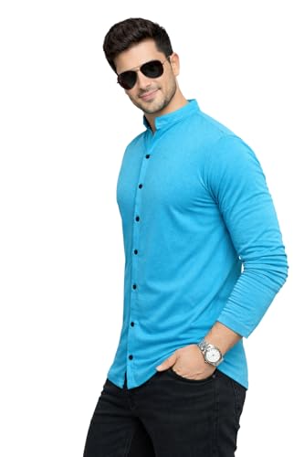 Image of Blisstone Men's Band Collar Shirt - Full Sleeve Slim Fit Casual Cotton Blend Mandarin Collar Button Down Shirt