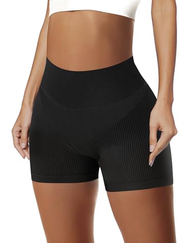 AURUZA Workout Shorts Women, High Waist Biker Shorts, Women Seamless Ribbed Athletic Yoga Gym Shorts Leggings
