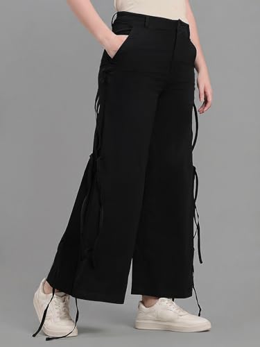 Image of GO COLORS Mostlysane Collection Cotton Pleated Pants Full Length for Women | Mid Rise, Baggy Fit, Solid