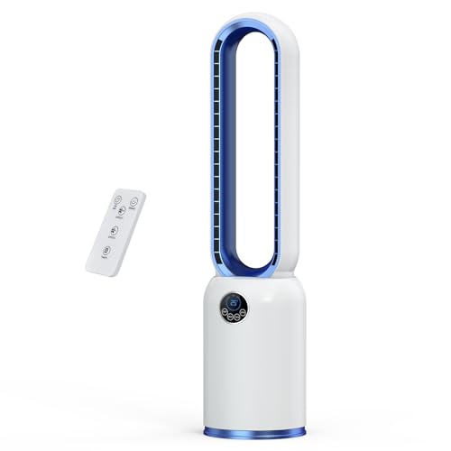 NKMSAGE 35 Bladeless Fan 24 Speeds Silent Bladeless Tower Fan with Remote 90 Oscillating Air Purification LED Display Brushless DC Motor Pedestal Fan for Bedroom Office Living Room (Blue)
