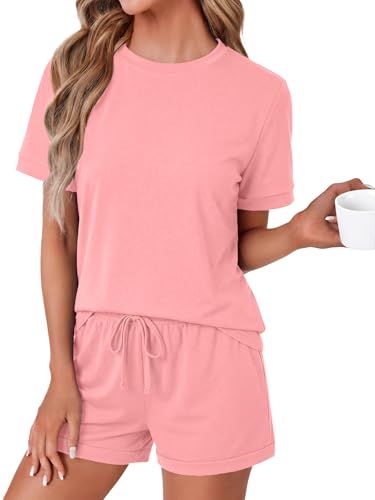 Image of LYANER Pajama Set for Women 2 Piece Lounge Set Striped Crew neck Short Sleeve Tops and Shorts Soft Sleepwear