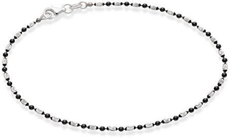 MiaBella 925 Sterling Silver Diamond-Cut Oval and Round Bead Ball Chain Anklet Ankle Bracelet for Women Teen Girls, Made in Italy (black-rhodium-silver, Length 9 Inches (X-Small))