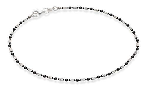 Miabella 925 Sterling Silver Diamond-Cut Oval and Round Bead Ball Chain Anklet Ankle Bracelet for Women, Made in Italy (black-rhodium-silver, Length 11 Inches)